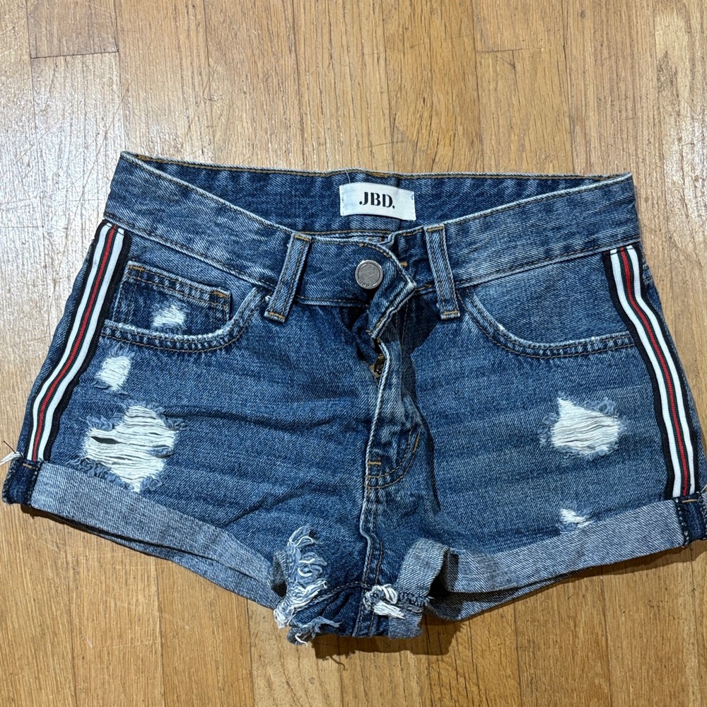 Women's Distressed Dark Blue Denim Shorts with Red-White-Black Side Stripe